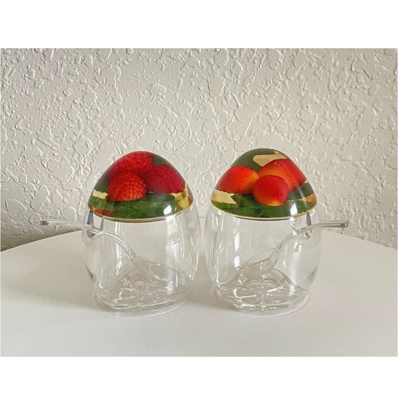 Vintage Lucite Condiment Jars by Stokes Perspex w/Fruit Enclosed Lids & Spoons - Picture 2 of 8